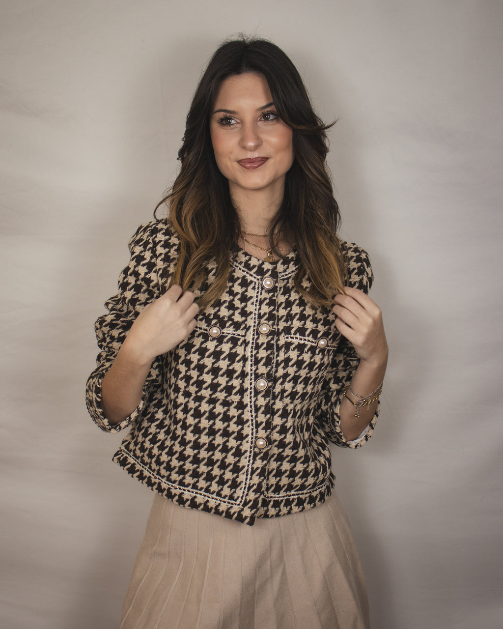 Casaco de Tweed Pied-de-Poule com Botões Pérolas