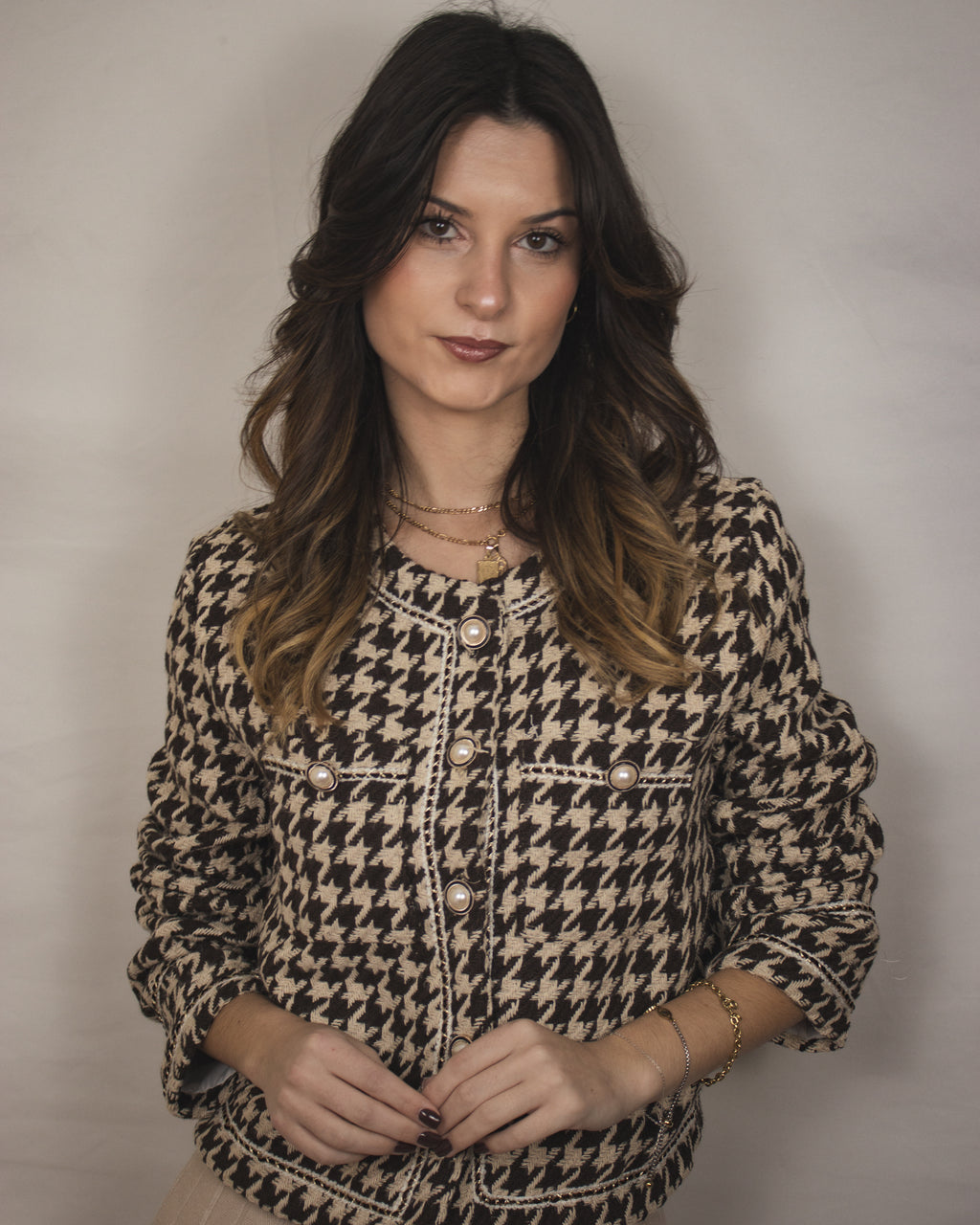 Casaco de Tweed Pied-de-Poule com Botões Pérolas