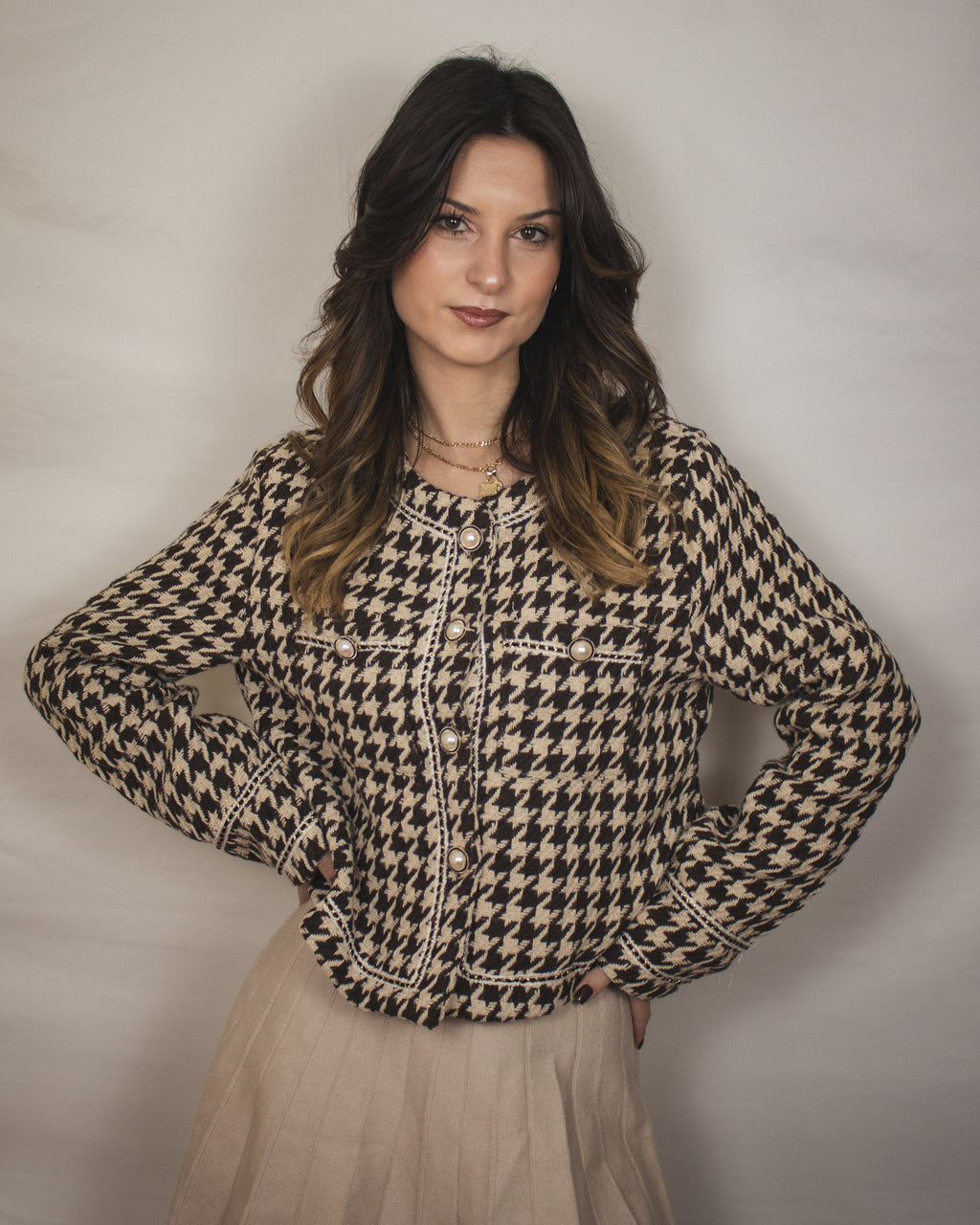 Casaco de Tweed Pied-de-Poule com Botões Pérolas