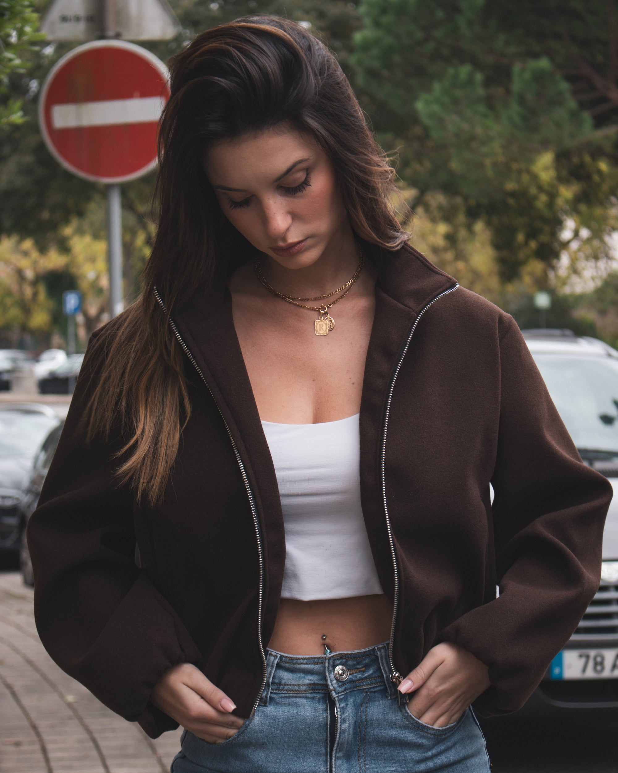 Casaco Bomber Castanho com Fecho Metálico