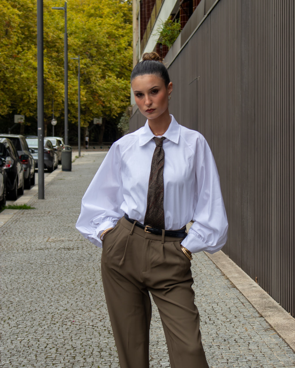 Camisa Oversized Brancacom Gravata Xadrez Castanha