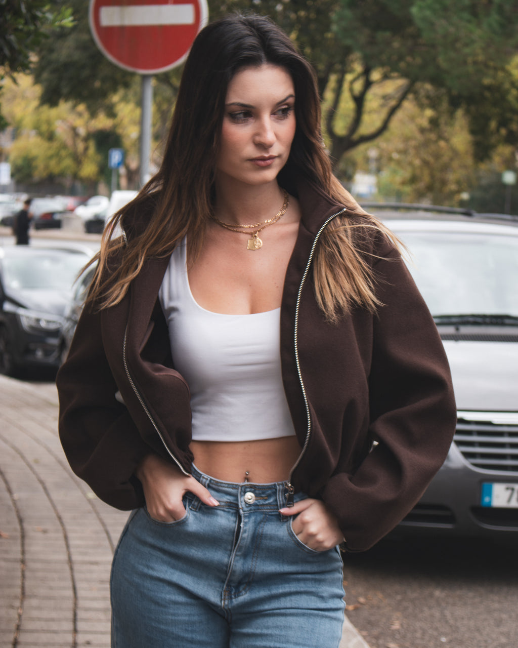 Casaco Bomber Castanho com Fecho Metálico