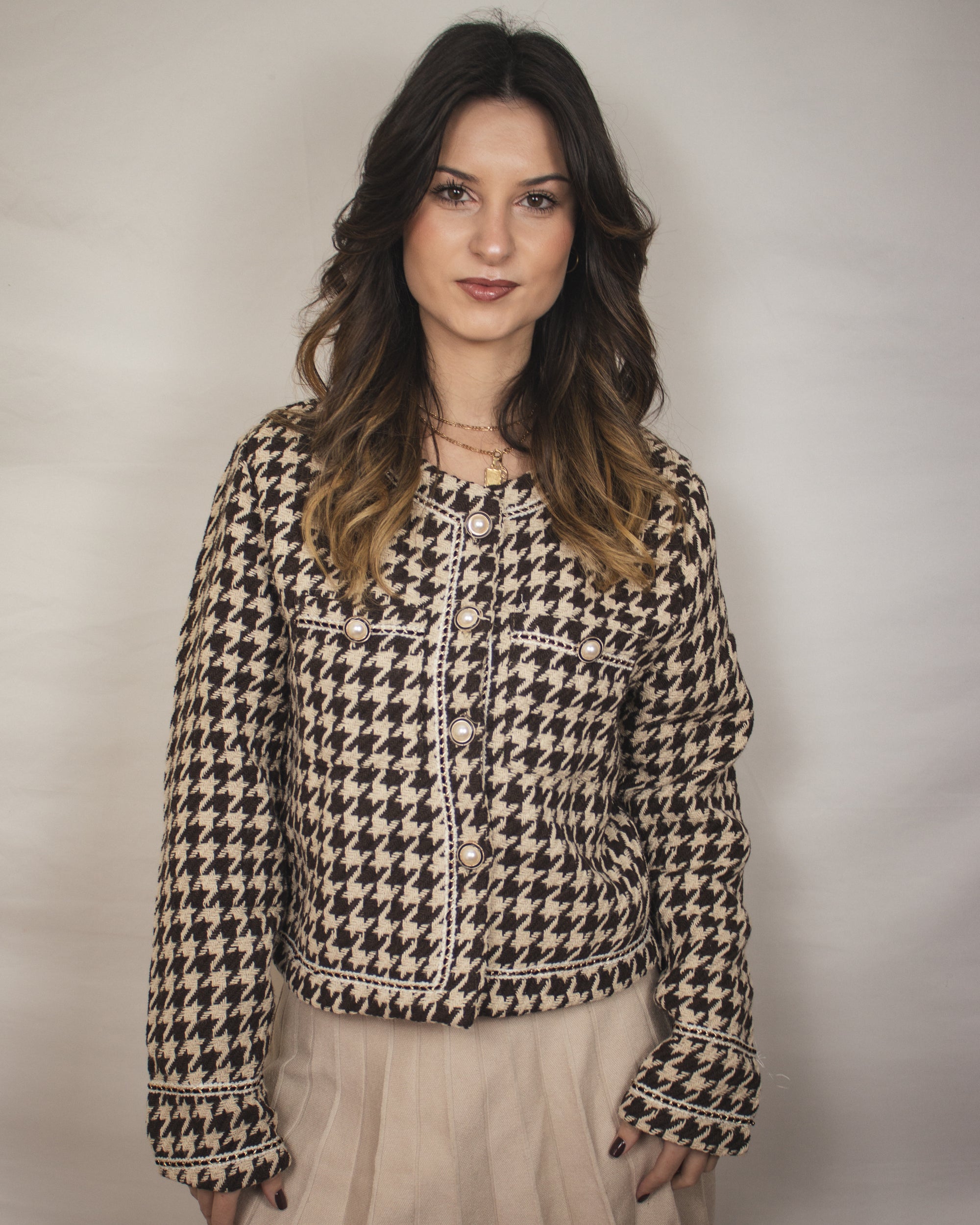 Casaco de Tweed Pied-de-Poule com Botões Pérolas